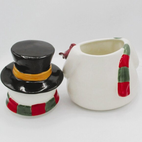 Ceramic Snowman Cookie JarTop Hat Scarf Cardinal Winter Holiday 12"   ki - Picture 5 of 6